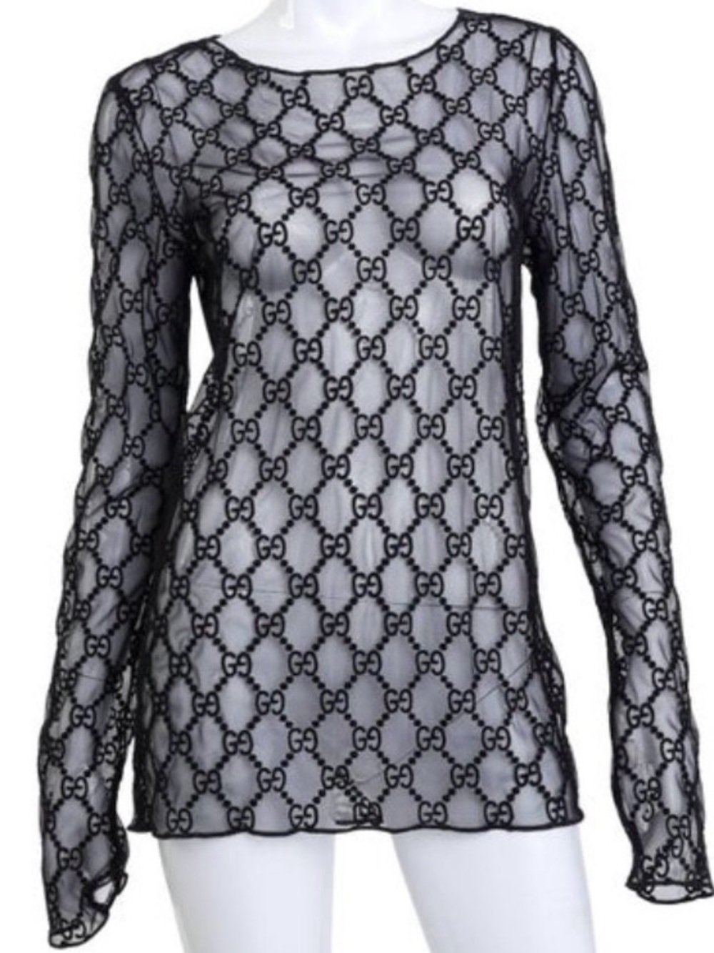 Gucci Cotton-Blend Black Tulle Top Sheer Long Sleeve Embroidered GG Motif L